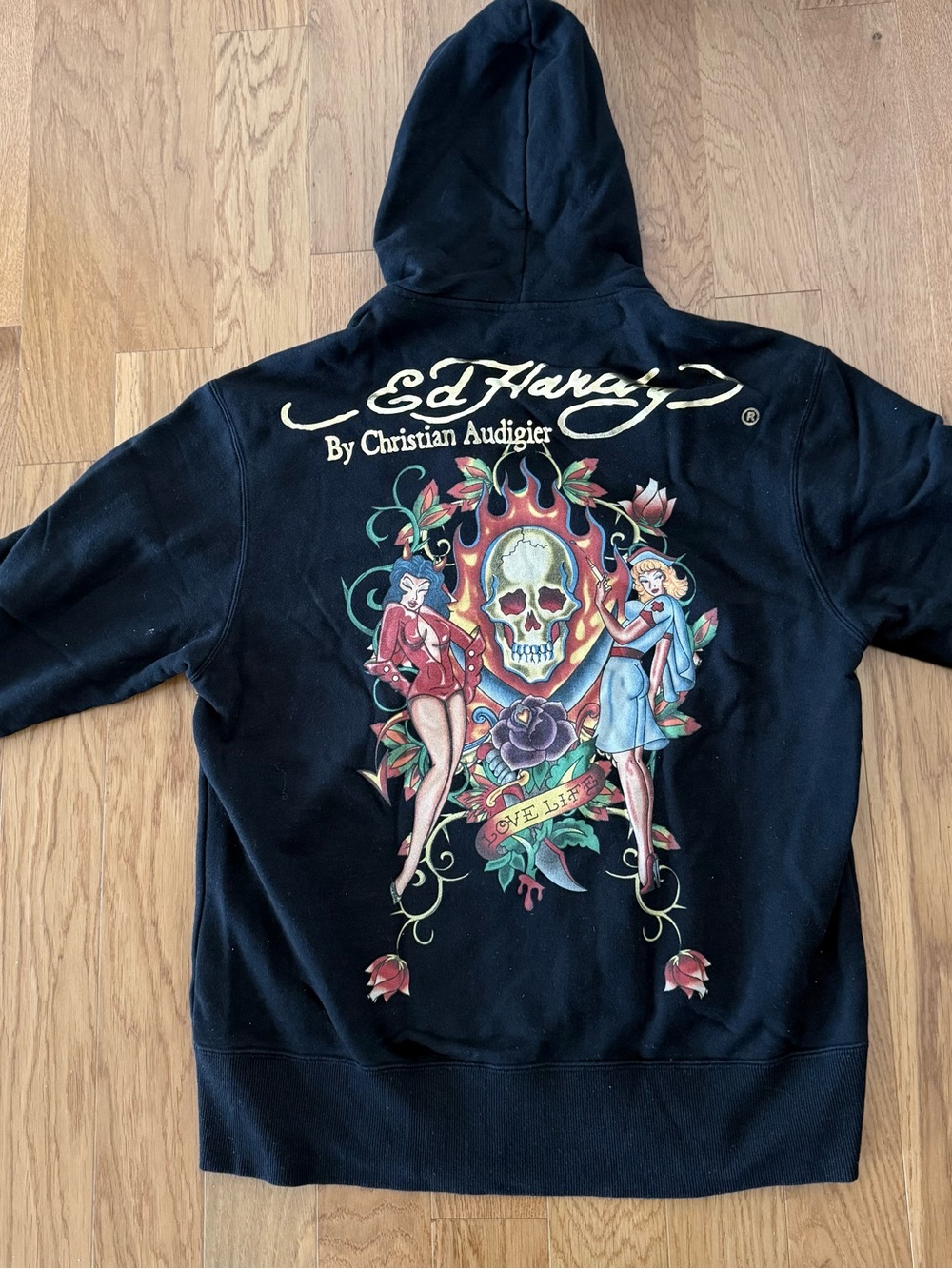 Ed Hardy Black Kids Hoodie with Colorful Skull & Pin-Up Back Graphic